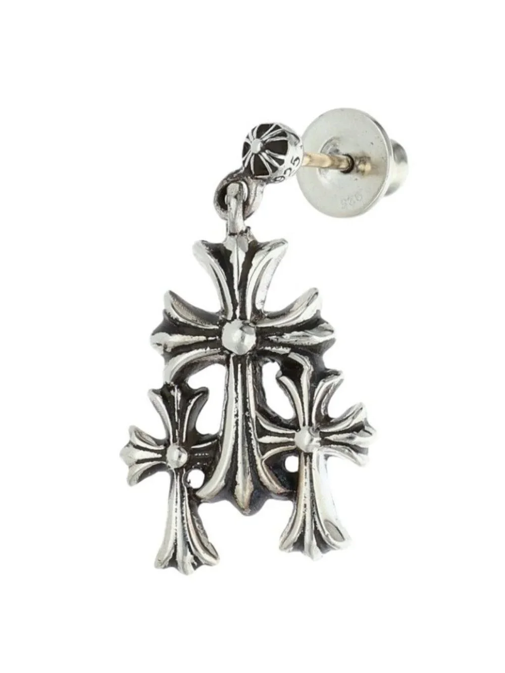 Chrome Hearts 3 CH Cross Drop Triple Silver Earrings